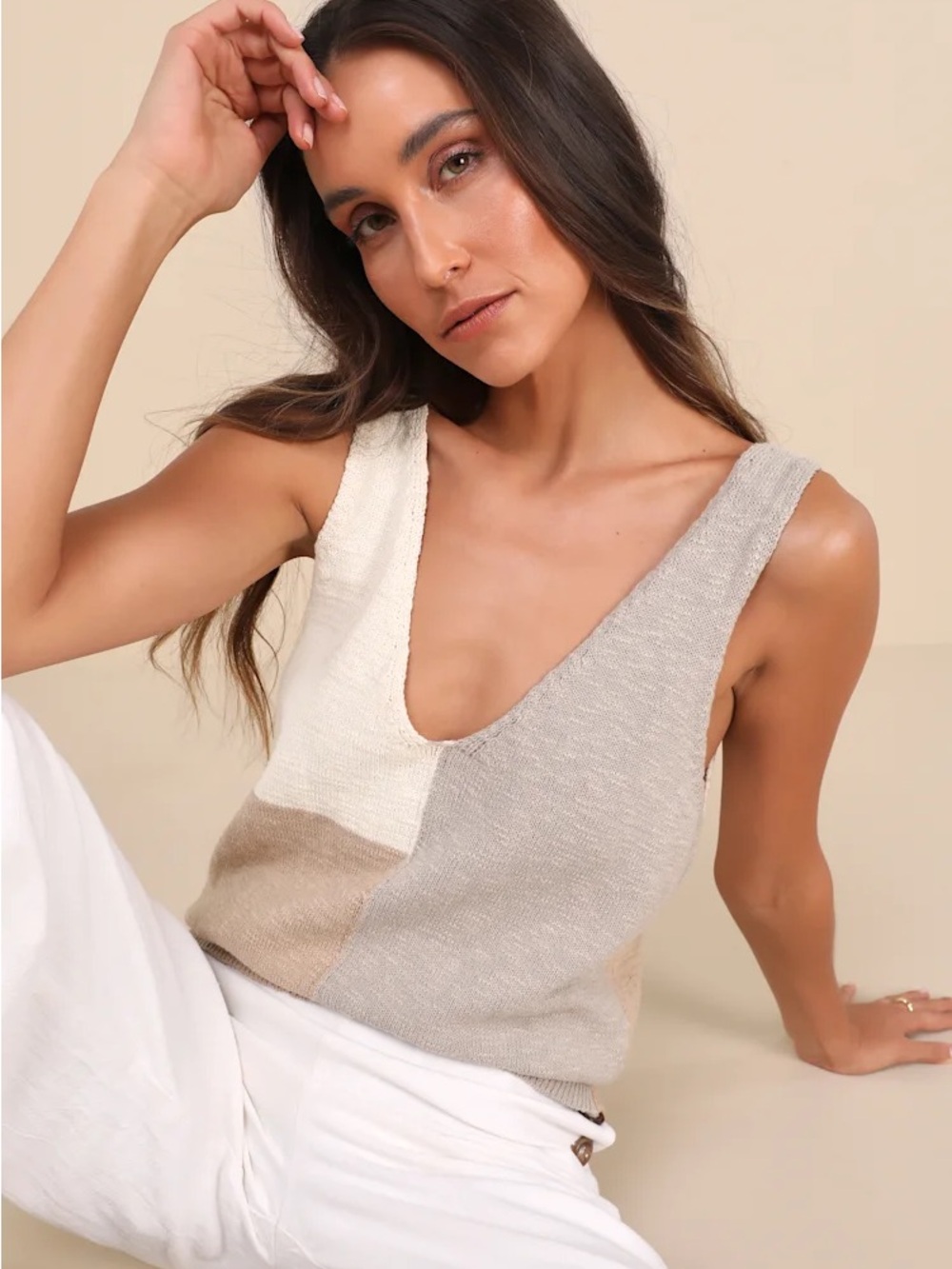 Brand new Lulu's Ivory and Grey Color Block Sweater Knit Tank Top